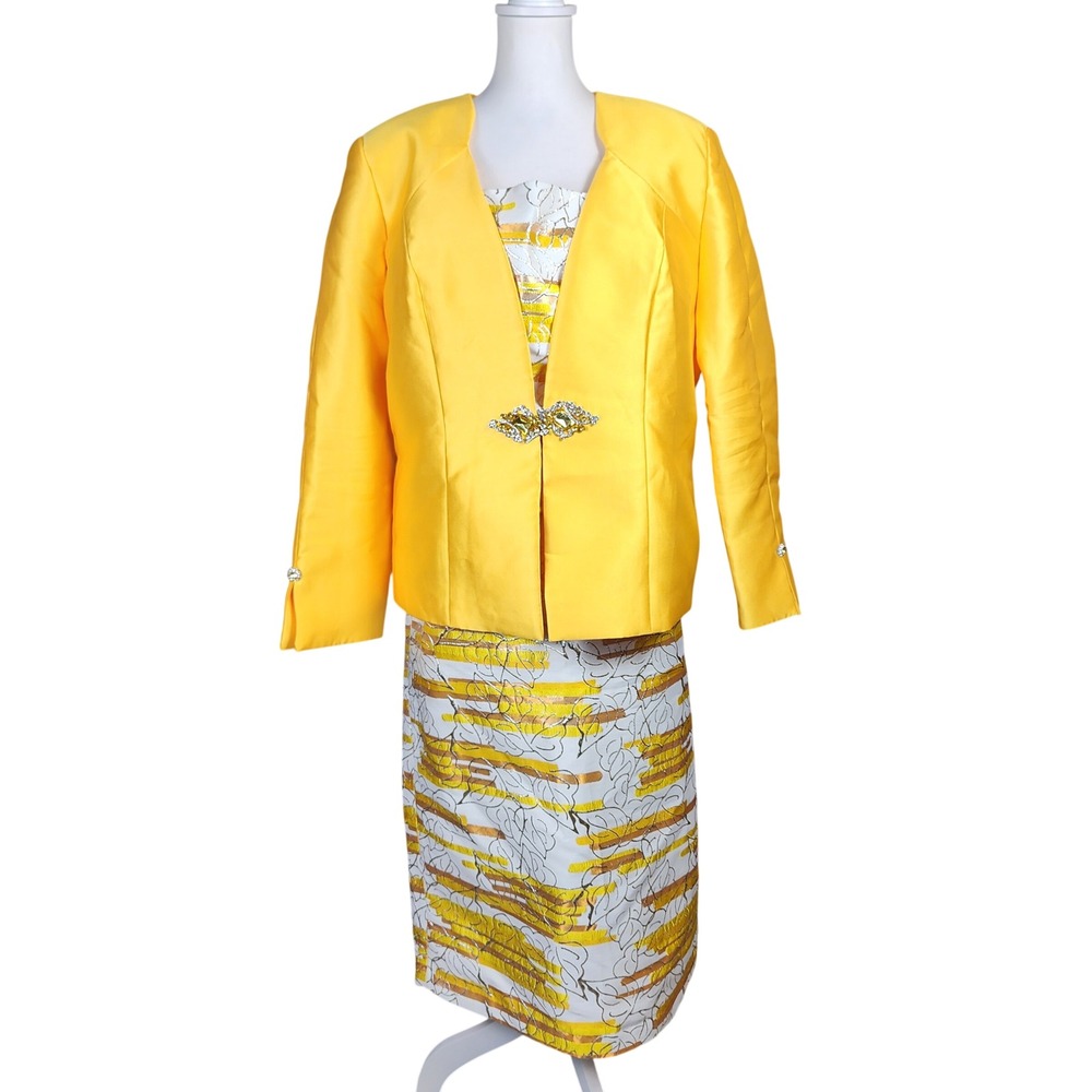 Ben Marc 3pc Skirt Suit Set Womens 16 Yellow Metallic Rhinestone Church Wedding